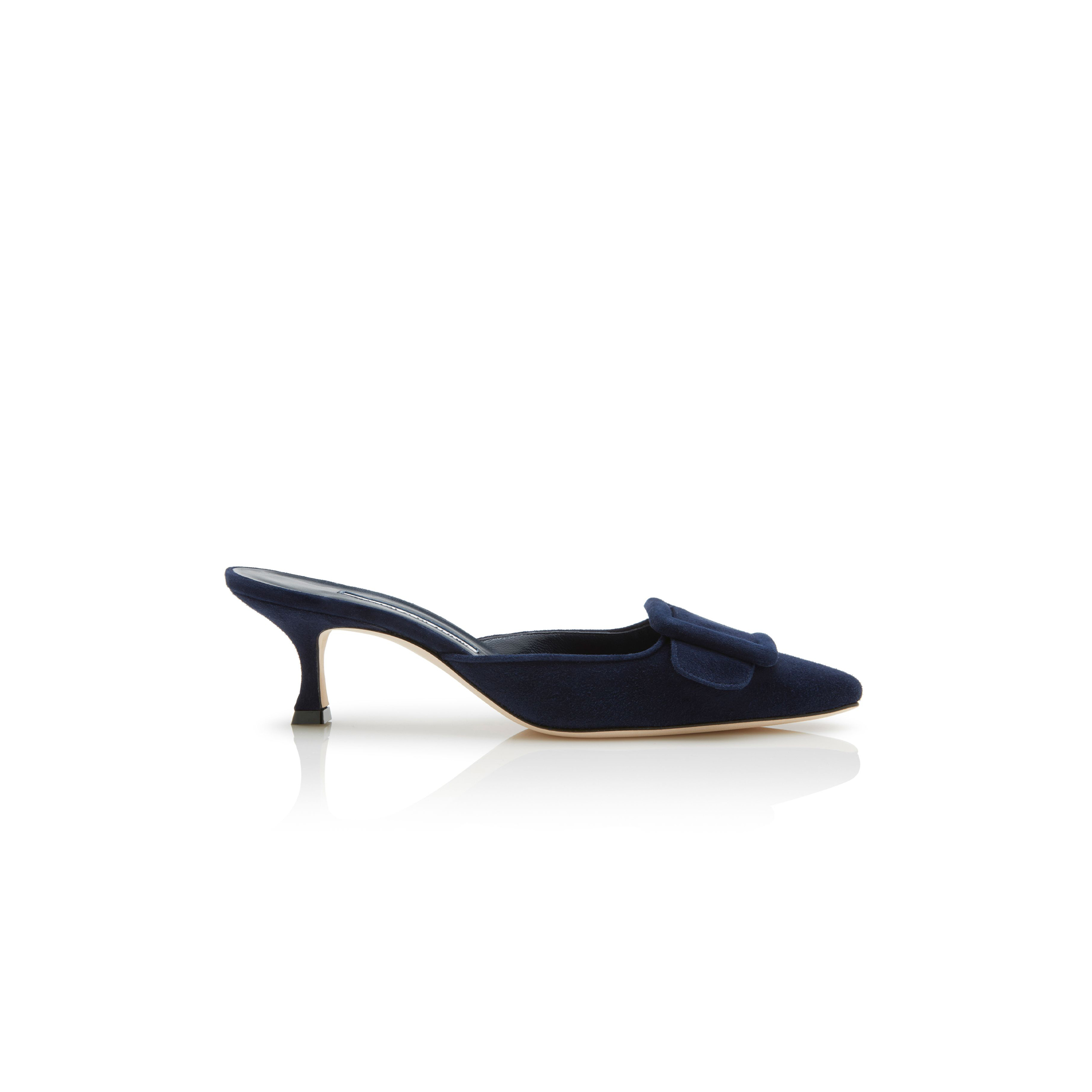 MANOLO BLAHNIK MAYSALE NAVY BLUE SUEDE KITTEN HEEL MULES 9XX-0246-0006